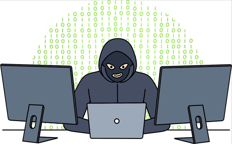 Vector arafed man in a hoodie sitting at a desk with two monitors and a laptop