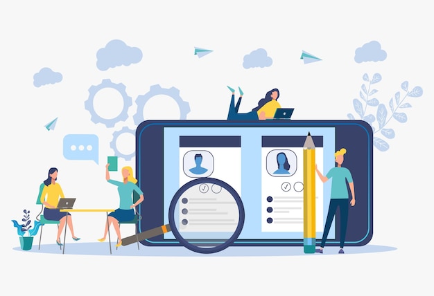 Arbeidsbureau wervingsbureau Zoeken naar kandidaten HR interview Werknemer beoordeling voortgangsrapport prestatie evaluatie concept Kleurrijke vectorillustratie