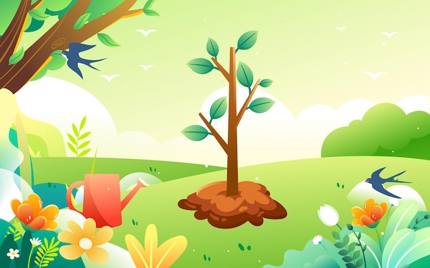 Arbor day people are planting trees with flowers and trees in the background, vector illustration