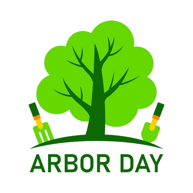 Arbor day-symbool of pictogram met het planten van groene boom en schop en vork vector illustratie