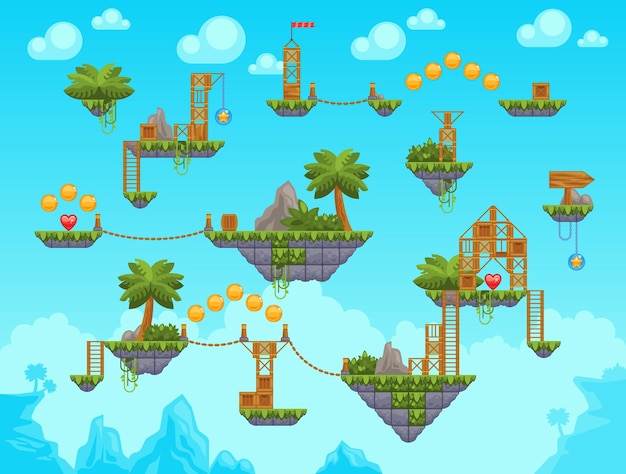 Arcade game level background with platforms in sky Location with ground or stone stages with palm trees wooden buildings golden coins and hearts Vector illustration with interface design elements