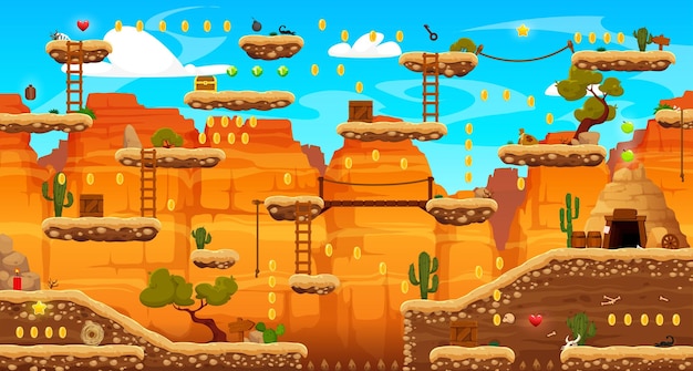Карта уровня аркадной игры с Диким Западом или западными игровыми платформами, каньонами, скалами и горами, векторными активами. Мультяшный пейзажный фон с наградами в виде монет и звездным бонусом для прыжков и сбора прыжков.
