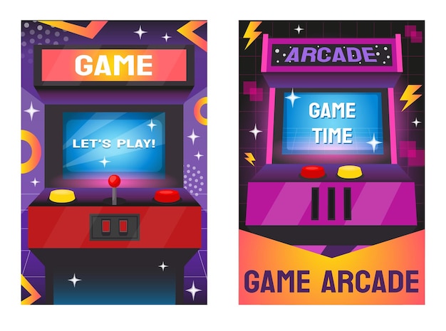 Vector arcade game machine achtergrond retro 80s console met flipperkast logo 90s scherm banner of flyer nostalgie vrije tijd gaming elektronische apparatuur set afspeelapparaat vector poster illustratie