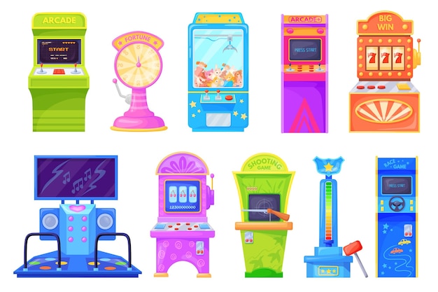 Arcade game machines old games machine for gambling players or kids amusement gaming in attraction park cartoon machinery with punch scale number slots neat vector illustration