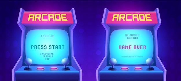 Vector arcade game scherm retro arcade game machine 80s retro start spelen en game over interface scherm video gaming machine vector illustratie van play scherm game computer