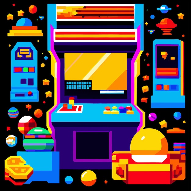 Arcade game world and pixel scene