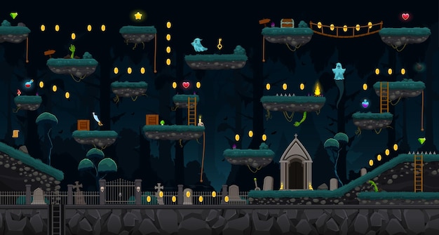 Arcade Halloween night cemetery game level map interface with platforms and ghosts, vector background. Halloween arcade game stairs and coins, tomb stones and grave with ladders and jump platforms