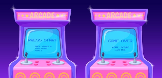 Vector arcade machines screens retro computer monitor with start player video game screen old gaming machine 90s 80s interface console 3d gamer pixel sign text neat vector illustration