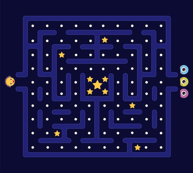 Labirinto arcade pacman sfondo pac man retrò videogioco per computer labirinto difensore e mostri l'app per bambini gioca in stile anni '80 videogioco livello design vettoriale decente