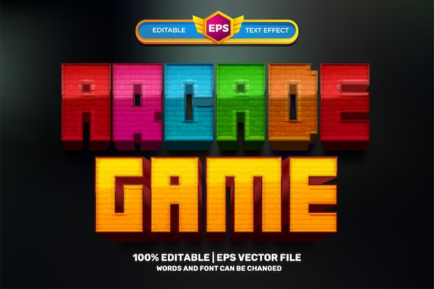 Vector arcade pixel game hero 3d editable text effect