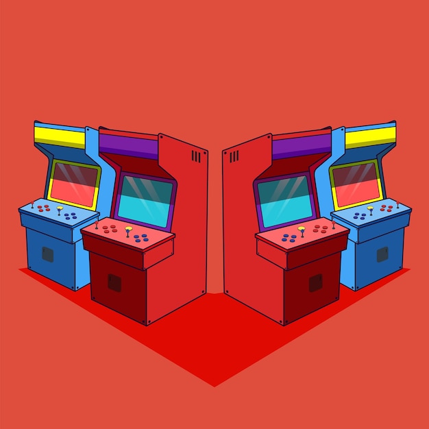 Vector arcademachine cartoonspel met drakenillustratie erop