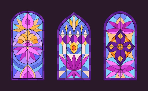 Vector arch stained glass windows church mosaic windows cathedral stained glasses decorative glass windows flat vector illustration set