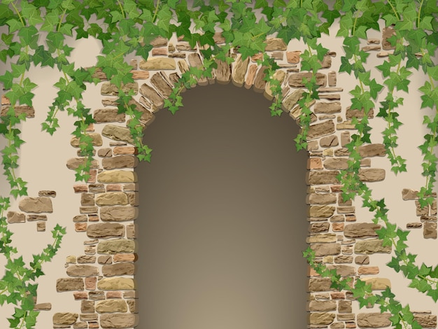 Vettore arco di pietre e edera sospesa ingresso alla grotta o alla cantina inghirlandata di viti la trama vettoriale della pietra contiene elementi di tracciamento automatico