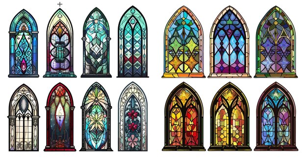 Vector an arch window frame with stained glass architecture interior with graphic silhouettes