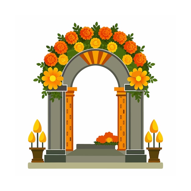 an arch with flowers and a picture of a garden with a sunflowers and a large arch