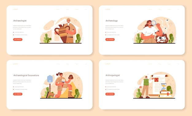 Vector archaeologist web banner or landing page set ancient history scientist