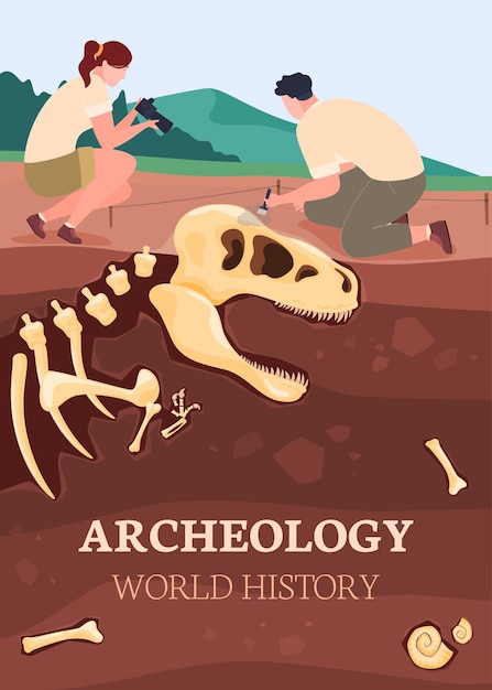 Vector archaeologists are researching a prehistoric animal excavation of a dinosaur skeleton vector illustration