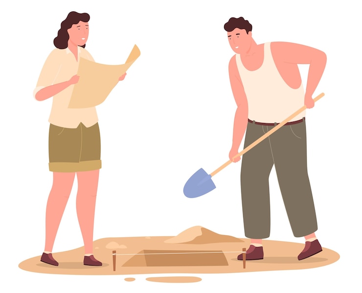 Vector archaeologists engage in research of ancient artefacts excavation historically of valuable objects archaeological excavations