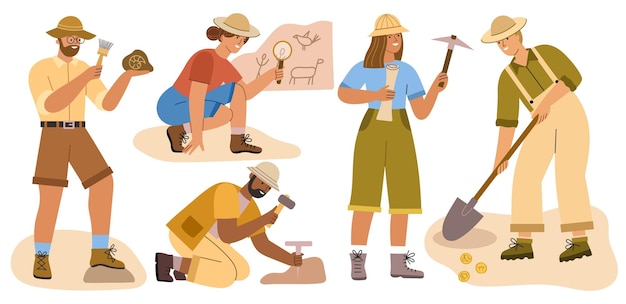 Vector archaeologists work historical excavations search for cultural values male and female scientists study artifacts discoveries vector set