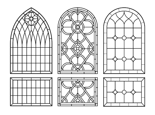 Vector arched vintage old window set with stained glass