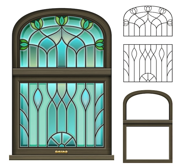 Vector arched vintage wooden window with stained glass