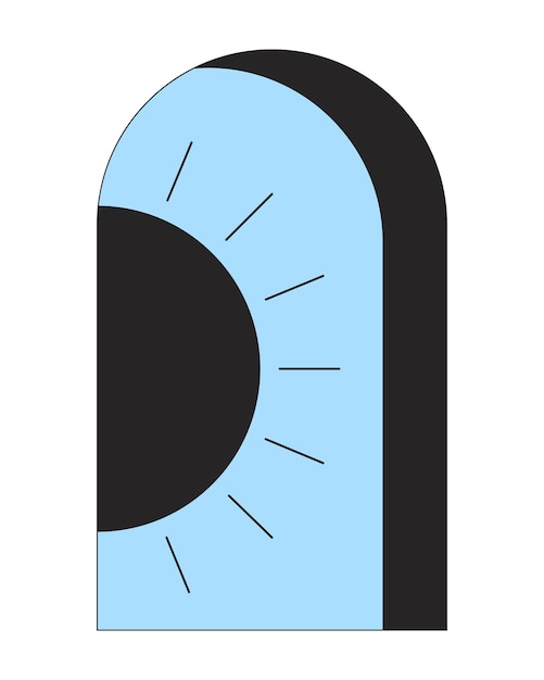 Vector arched window with peeping out black sun on blue sky flat line color vector concept