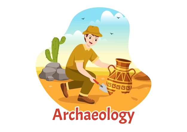Archeologie illustratie met archeologische opgraving van oude ruïnes, artefacten en fossielen