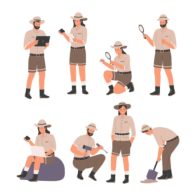 Vector archeologist people man and woman characters collection set