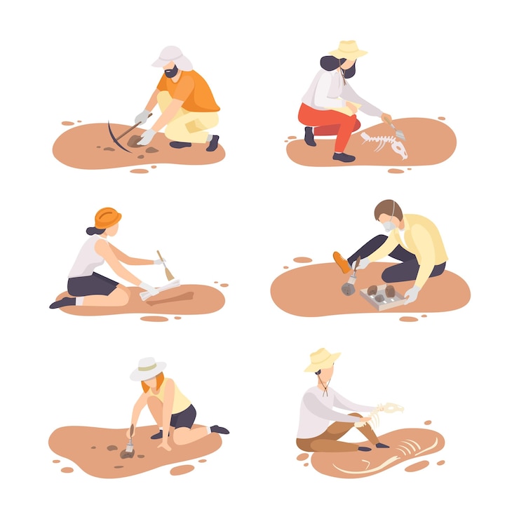 Vector archeologists digging finding historical artifacts set archeological expedition excavations cartoon vector illustration