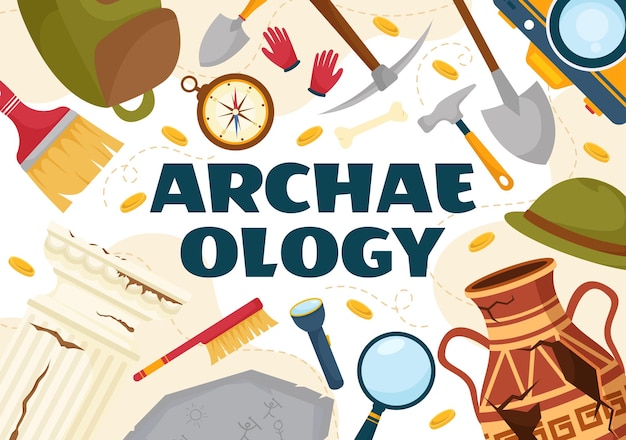 Archeology Illustration with Archaeological Excavation of ancient Artifacts and Dinosaurs Fossil