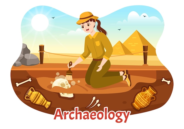 Vector archeology illustration with archaeological excavation of ancient ruins artifacts and fossil