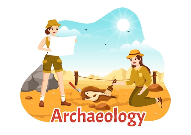 Vector archeology illustration with archaeological excavation of ancient ruins artifacts and fossil