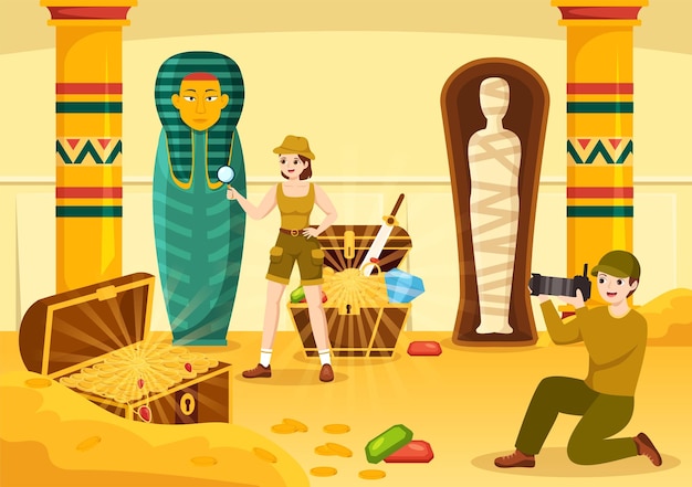 Archeology Illustration with Archaeological Excavation of ancient Ruins Artifacts and Fossil