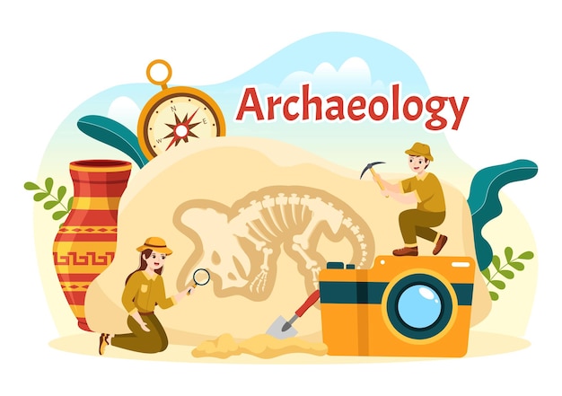 Археологическая иллюстрация с археологическими раскопками древних руин артефакты и ископаемые