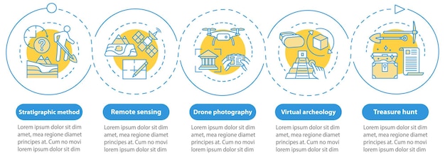 Modello di infographic di vettore di metodi di archeologia. elementi di design per la presentazione della caccia al tesoro. visualizzazione dei dati con cinque passaggi. grafico della sequenza temporale del processo. layout del flusso di lavoro con icone lineari