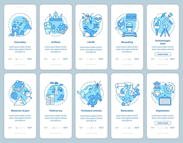 archeology onboarding mobile app page screen vector template set. search and protection fossil artifacts. walkthrough website steps with linear illustrations. ux, ui, gui smartphone interface concept