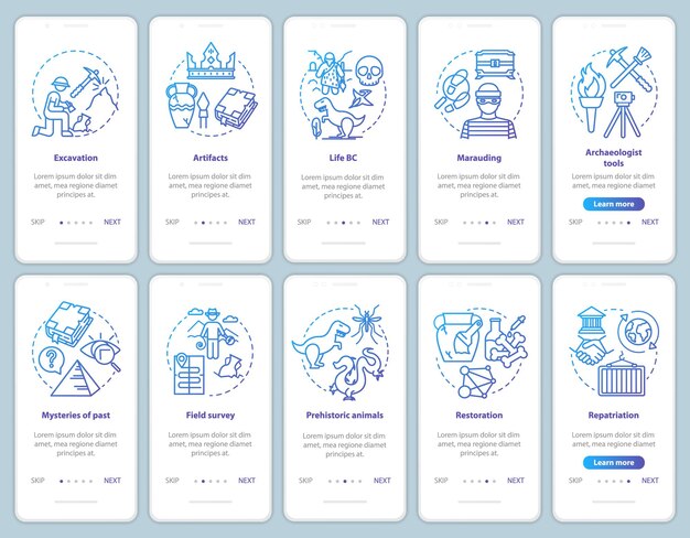 archeology onboarding mobile app page screen vector template set. search and protection fossil artifacts. walkthrough website steps with linear illustrations. ux, ui, gui smartphone interface concept