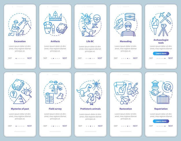 Set di modelli vettoriali per la schermata della pagina dell'app mobile onboarding di archeologia. ricerca e protezione reperti fossili. procedura dettagliata del sito web con illustrazioni lineari. ux, ui, concetto di interfaccia per smartphone gui
