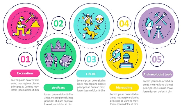 고고학 벡터 infographic 템플릿입니다. 역사 과학 프레젠테이션 디자인 요소입니다. 5단계로 데이터 시각화. 프로세스 타임라인 차트. 선형 아이콘이 있는 워크플로 레이아웃