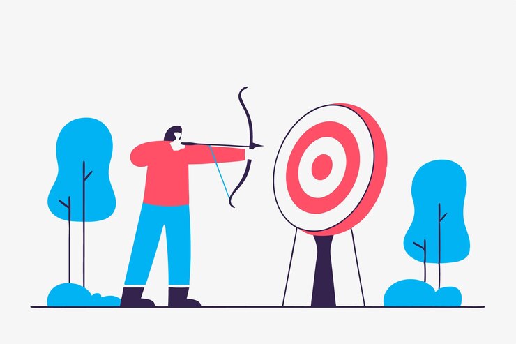 Vector archer with bow and arrow aiming at bullseye of target outdoors shooter bowman with longbow pointing training archery leisure activity flat illustration art on white background