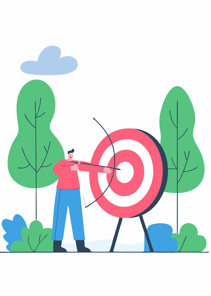 Vector archer with bow and arrow aiming at bullseye of target outdoors shooter bowman with longbow pointing training archery leisure activity flat illustration art on white background