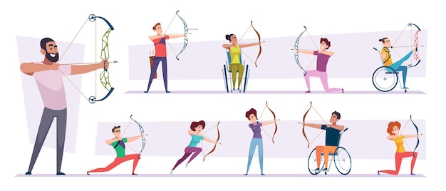 Archers disability sport characters shooting to aim exact vector people in cartoon style