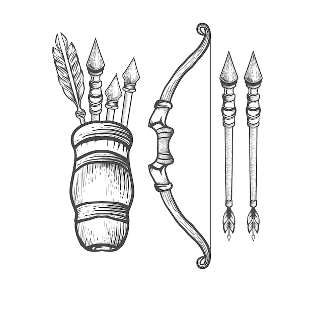 archery bow and arrow with holder vintage hand drawing design