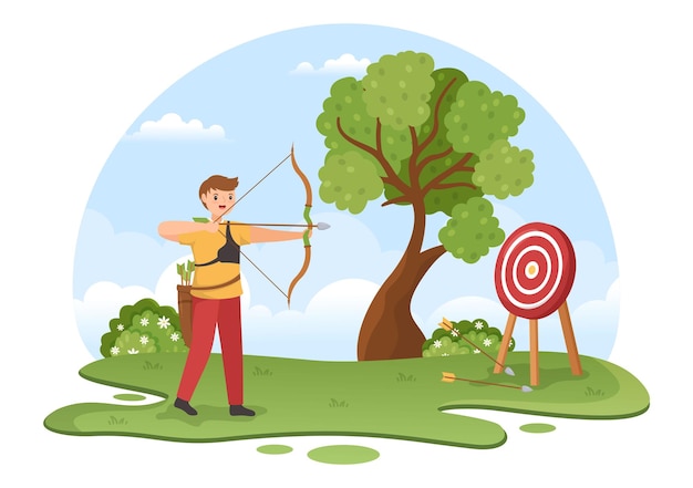 Archery sport with bow and arrow pointing at target for outdoor\
recreation activity in illustration