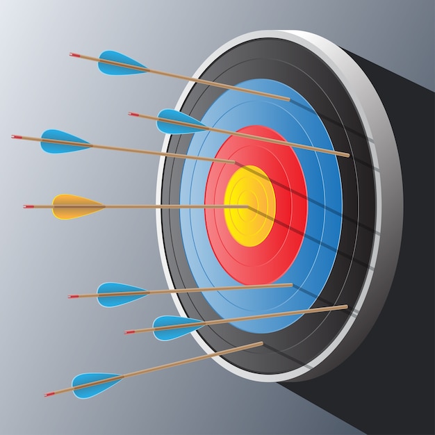 양궁 대상과 회색 벽에 많은 화살표.