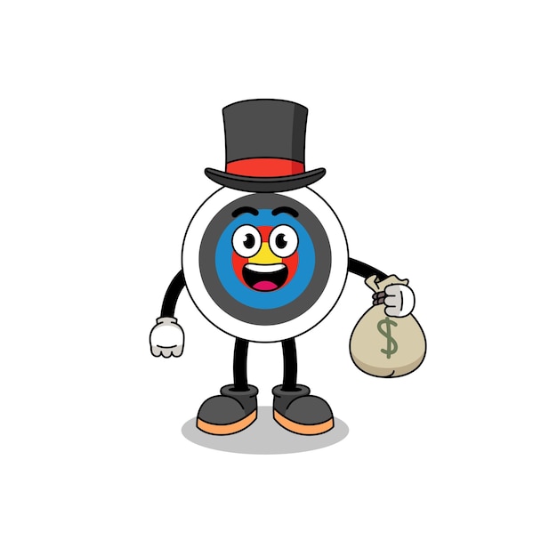 Archery target mascot illustration rich man holding a money sack character design