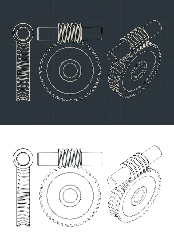 Vector archimedes worm and involute gear blueprints