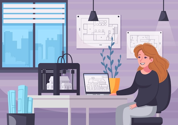 Vector architect cartoon composition with indoor interior scenery of female architects workplace with project schemes and laptop