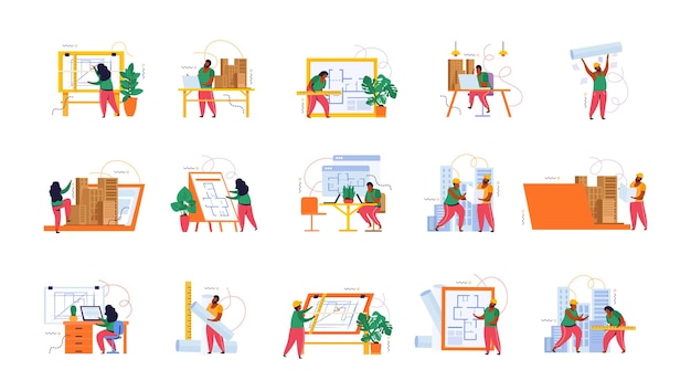 Set di icone piatte colorate architetto