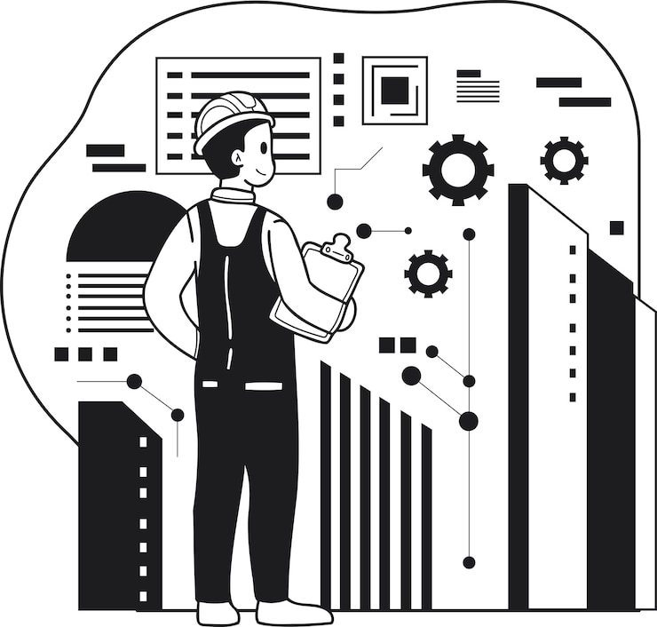 Vector architect conducting research and analysis illustration in doodle style